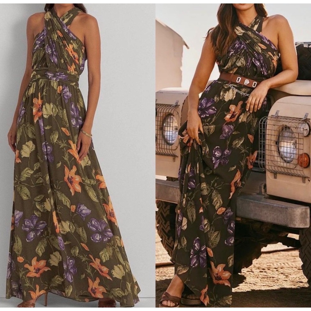 Lauren Ralph Lauren Size 12 Floral Maxi Dress Olive Green Halter Pleated Gown